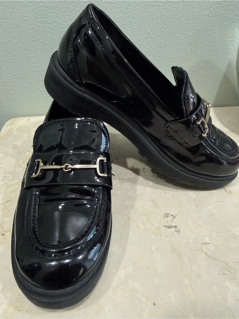 Kids Black Patent Moccasin Loafers with Gold-Tone Bit